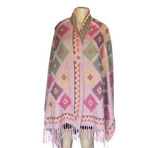 Mexican Artisan Reversible Woven Poncho Multicolor Geometric Boho Shawl Wrap